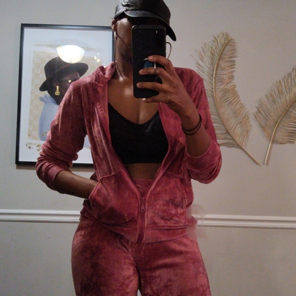 Zip Hoodie Velour Track Suit Set- Burgundy/Pink - Picture 5 of 8